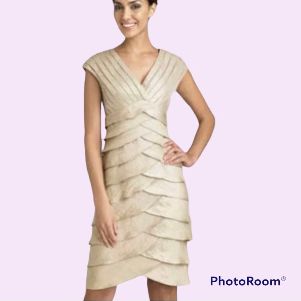 Adrianna Papell Dressy Gold Midi Sleeveless Champagne Tiered Dress Size 10